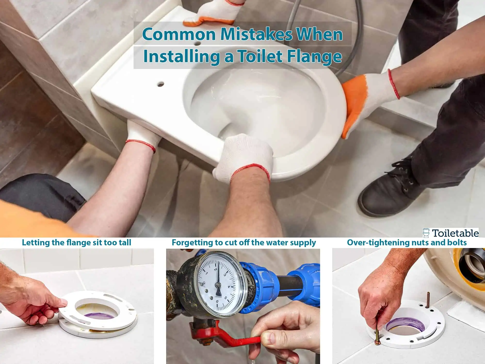 Four images showing common mistakes when installing a toilet flange: too tall flange, no water cut-off, over-tightening.