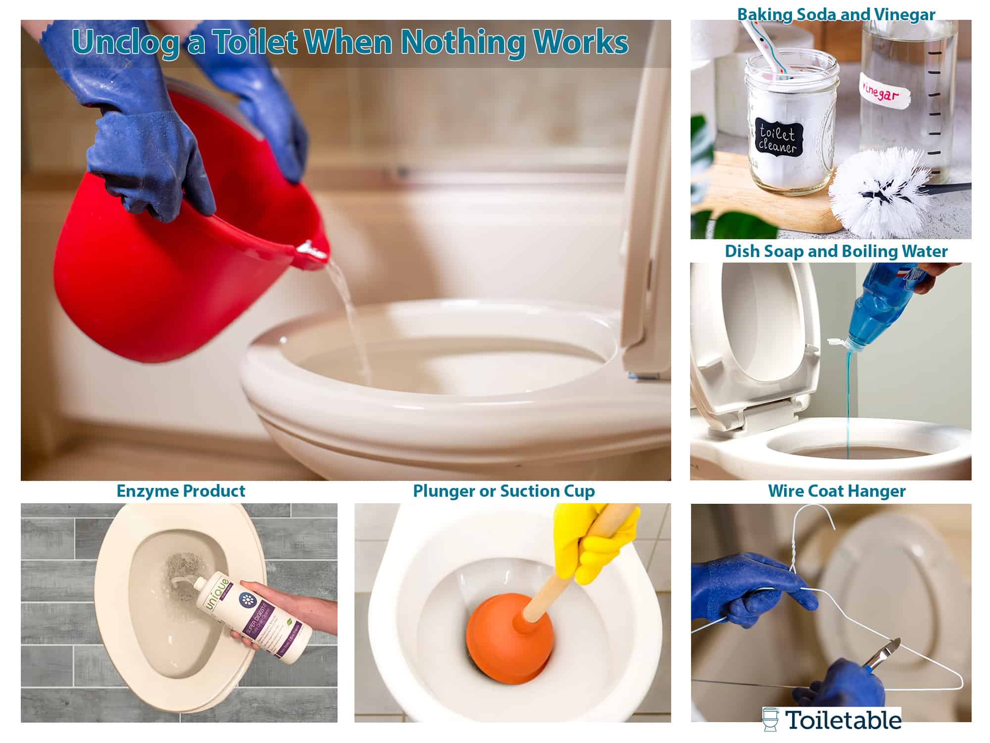 Collage showing methods to unclog a toilet: using baking soda, boiling water, enzymes, a plunger, and a wire coat hanger.