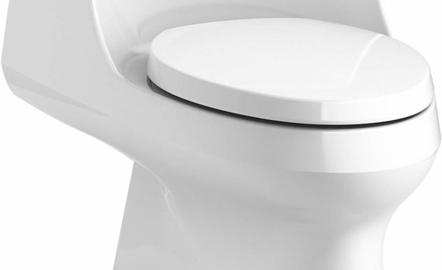 A sleek, modern white one-piece toilet with a closed lid and a side-mounted flush lever.