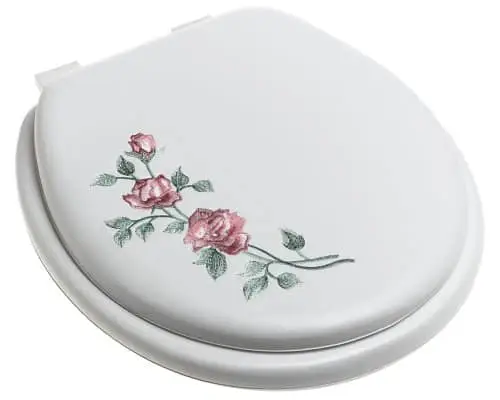 White toilet seat lid with a floral design featuring pink roses and green leaves.