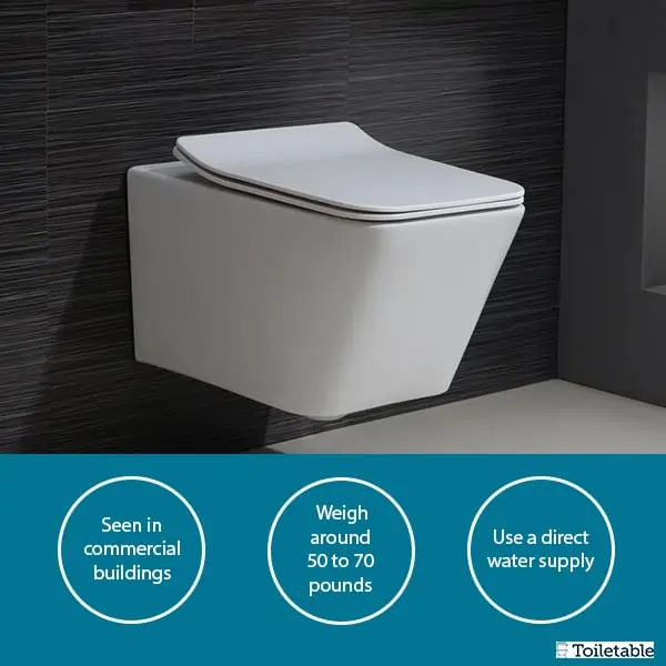 A wall-mounted toilet with information bubbles: seen in commercial buildings, weighs 50-70 pounds, uses direct water supply.