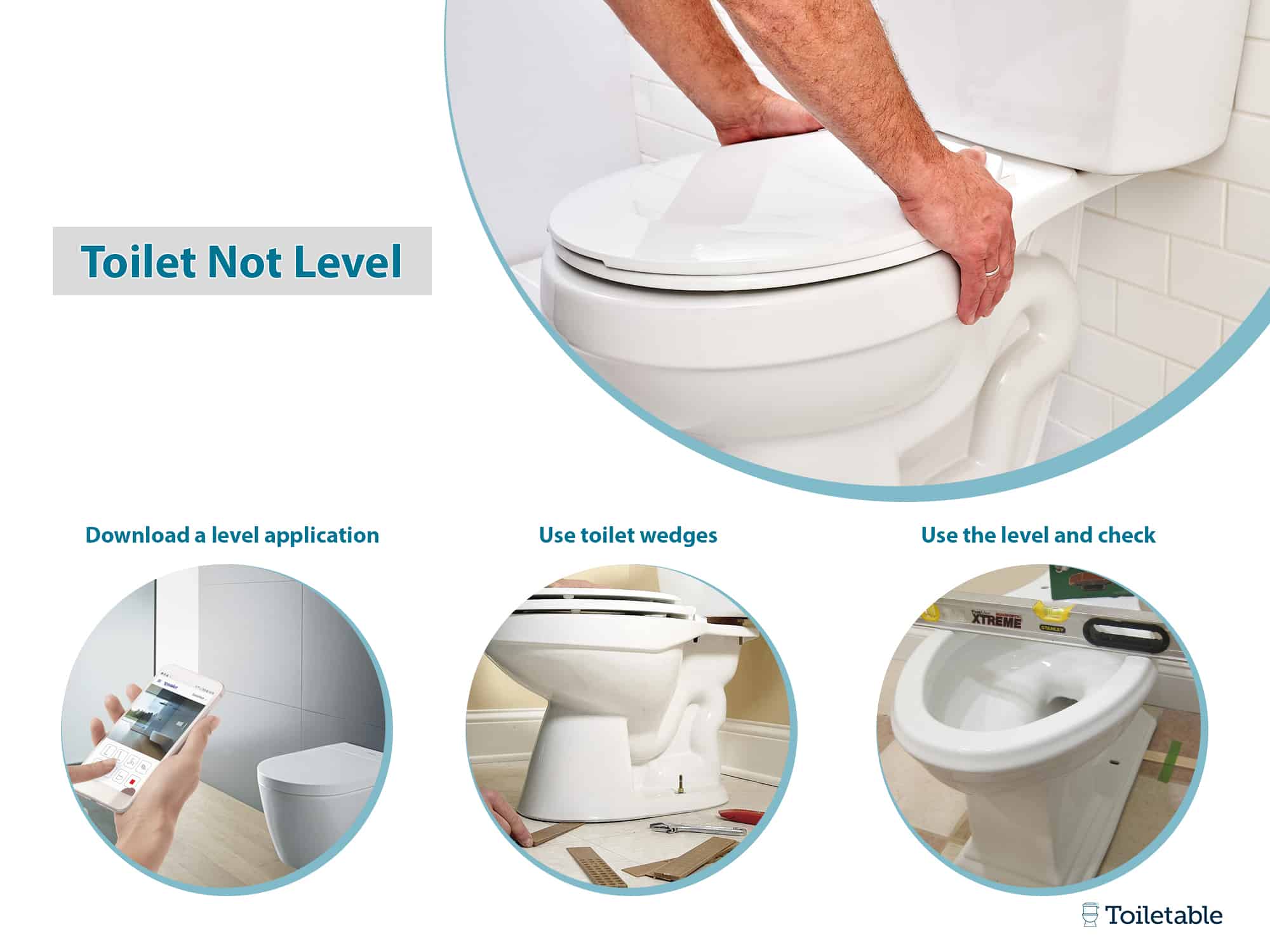 Instructions for leveling a toilet: use a level application, use toilet wedges, and check leveling. A person adjusts the toilet.