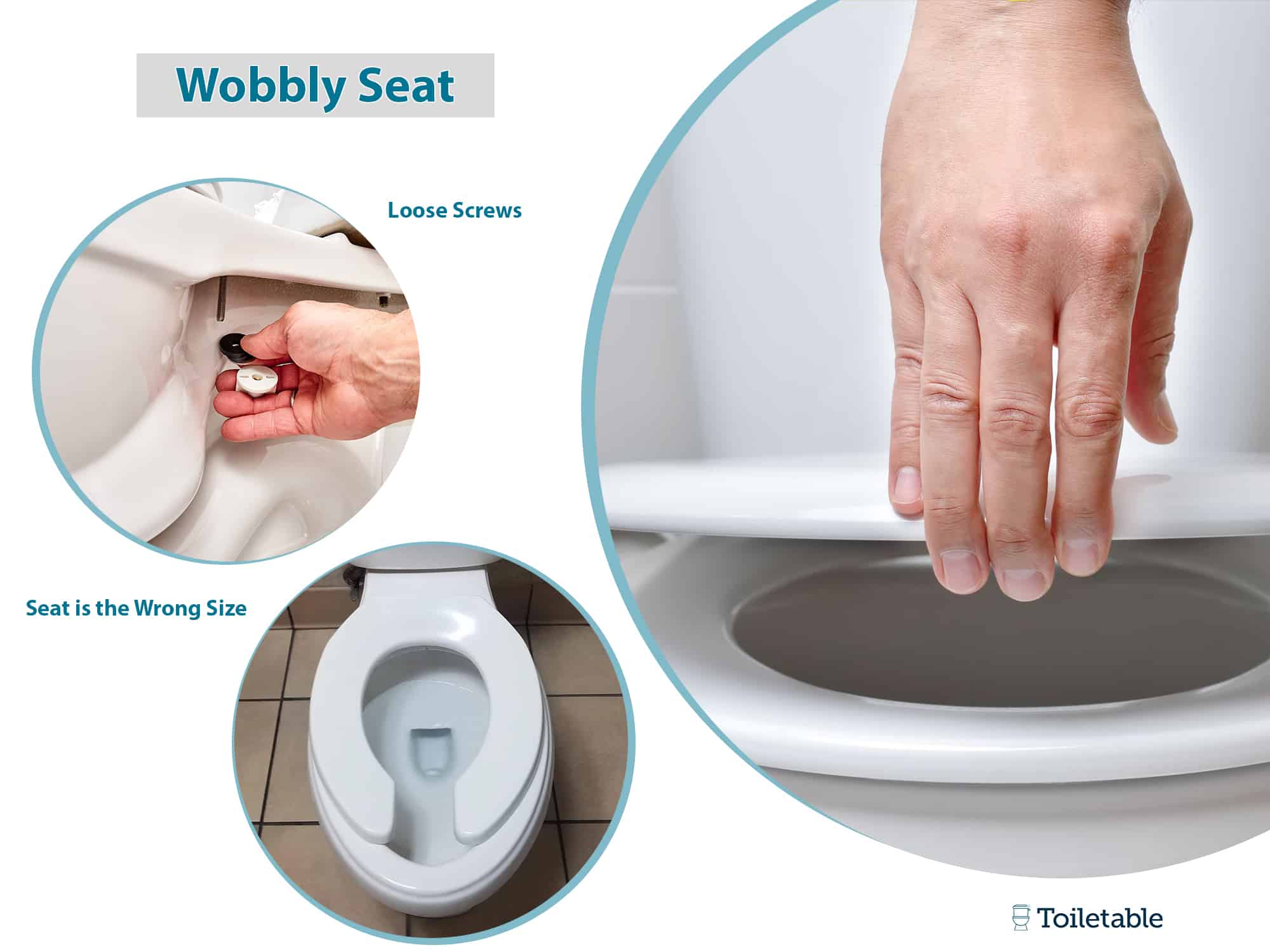 A person checking a wobbly toilet seat with loose screws; an incorrect seat size visible in close-up views.