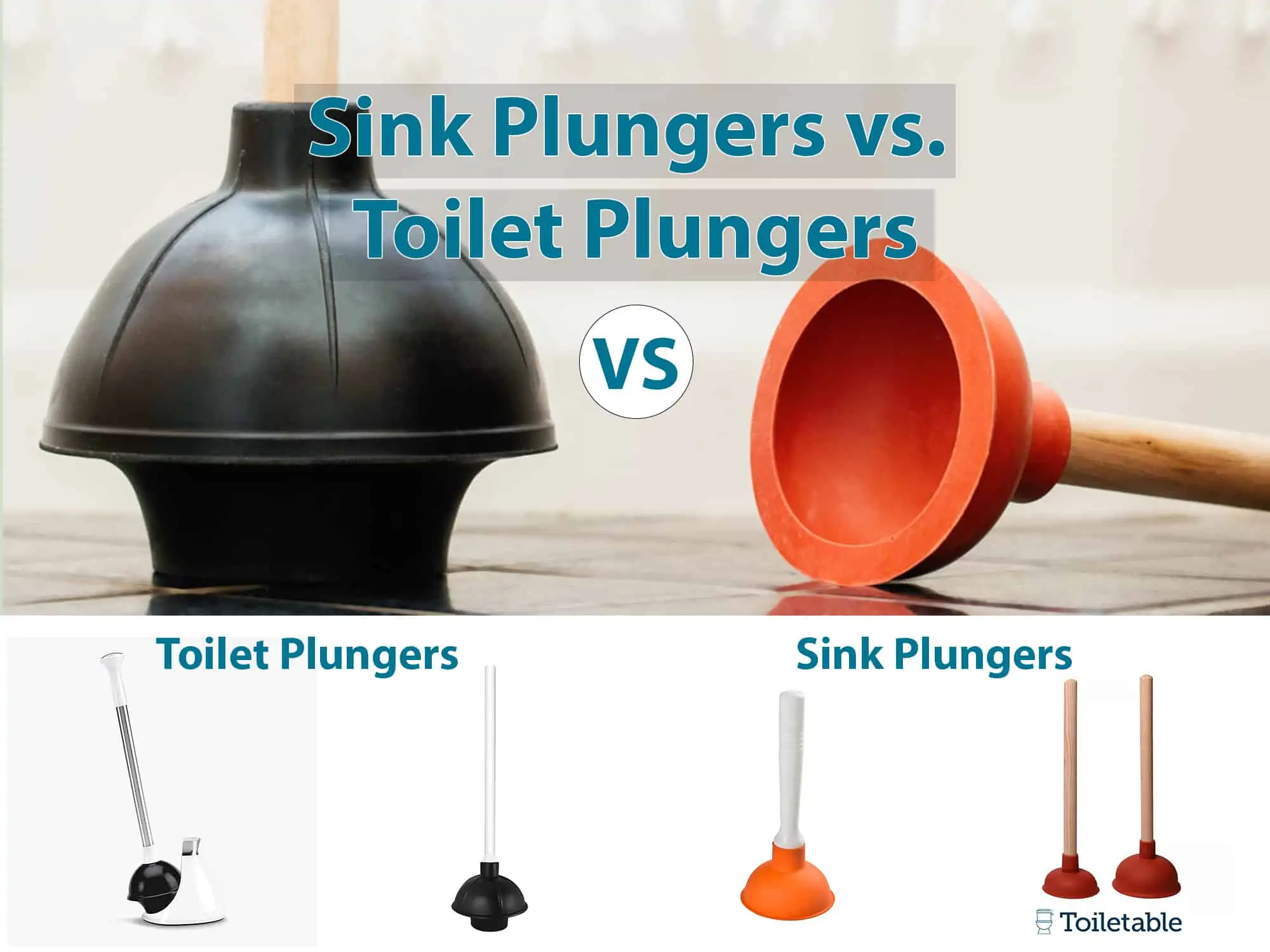 Comparison image showing a black toilet plunger and an orange sink plunger, with labels detailing their uses.