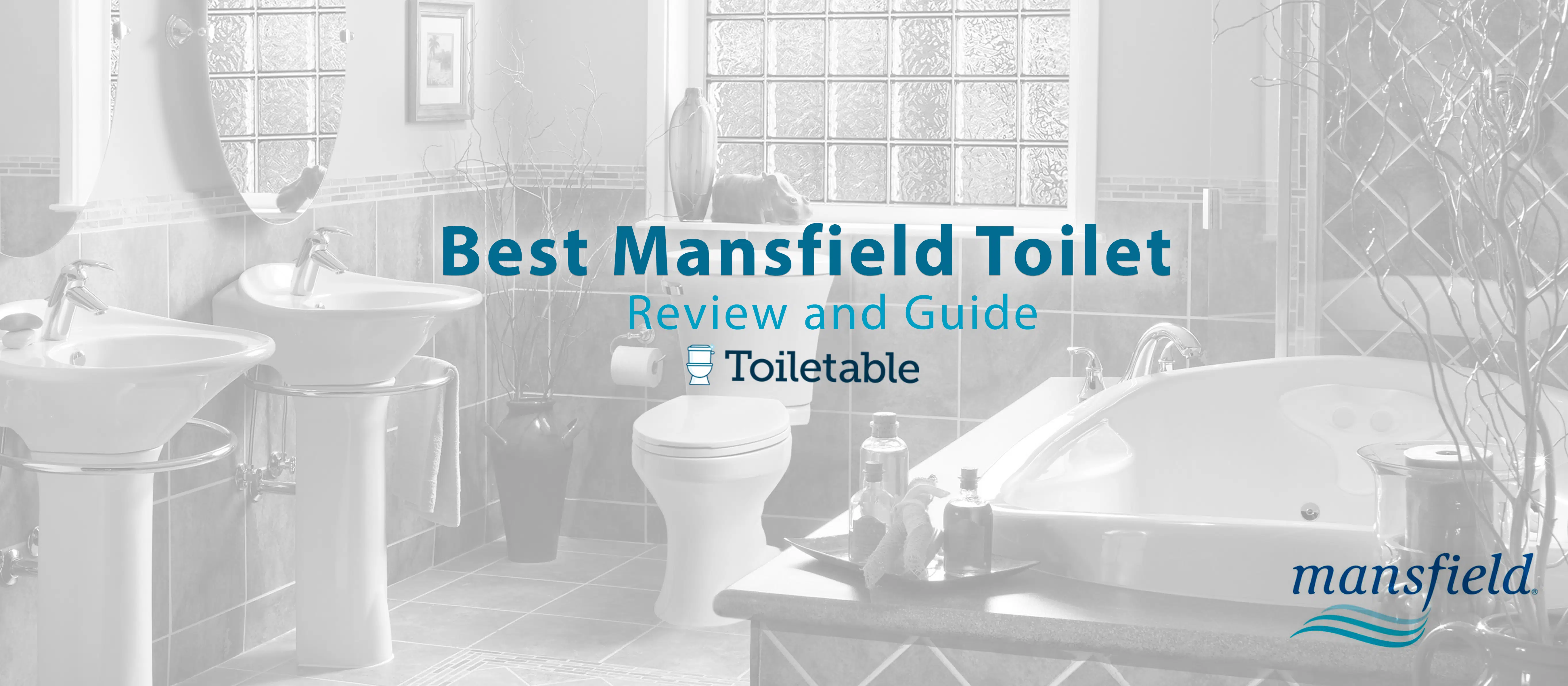 A bathroom with a sink, toilet, and bathtub. Text: "Best Mansfield Toilet Review and Guide - Toiletable" and Mansfield logo.