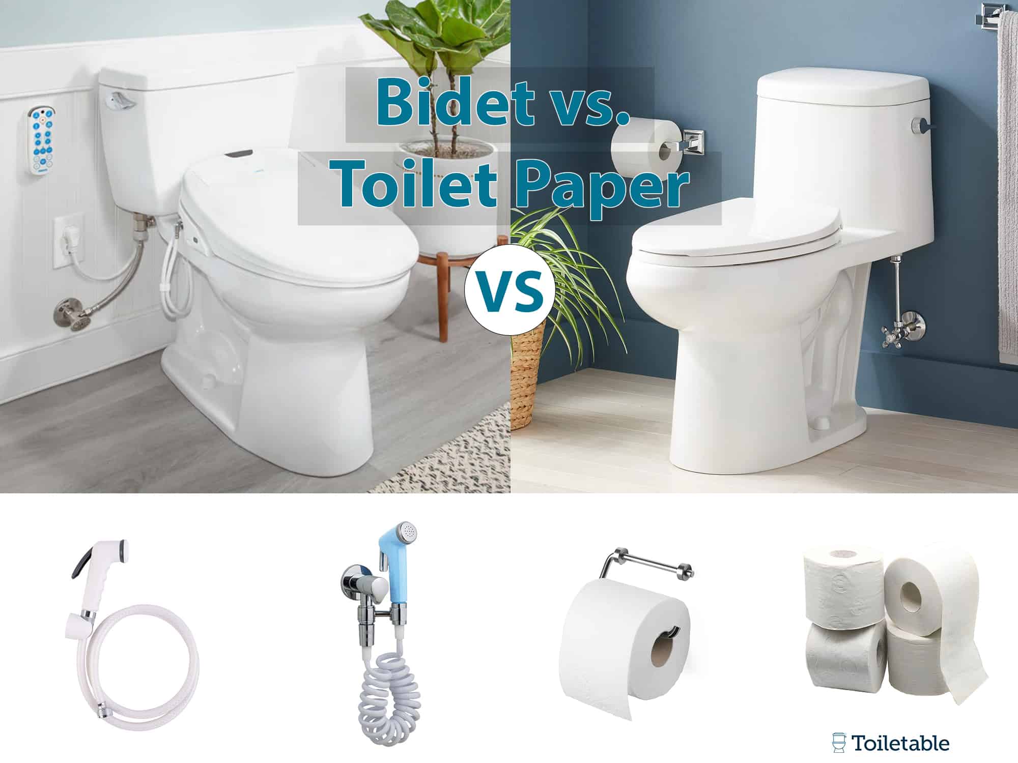 Comparison of a bidet and toilet paper with different fixtures, accessories, and both options illustrated side-by-side.