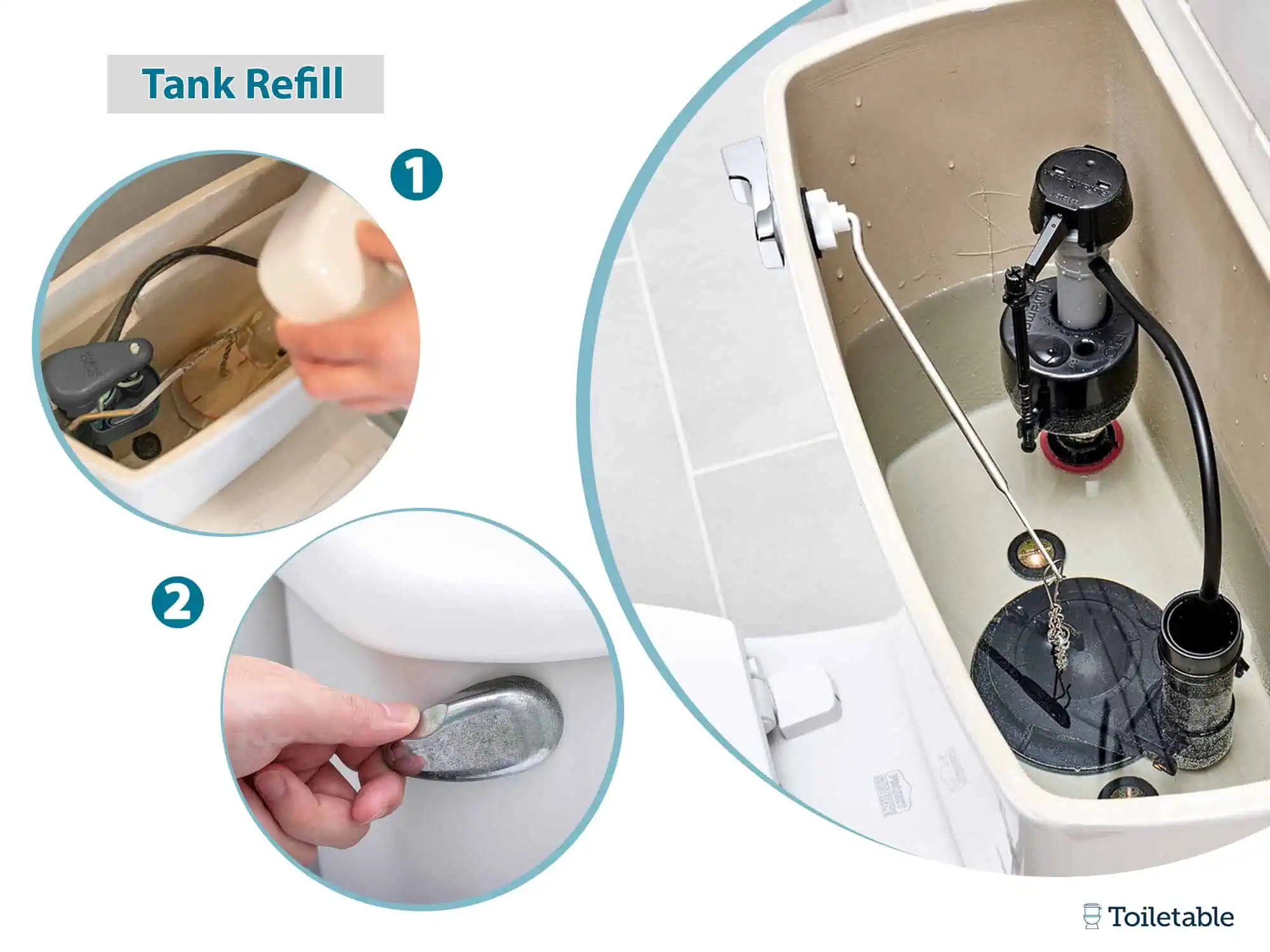 Instructional image depicting two steps to refill a toilet tank: adjusting the float in the tank and pressing the flush lever.