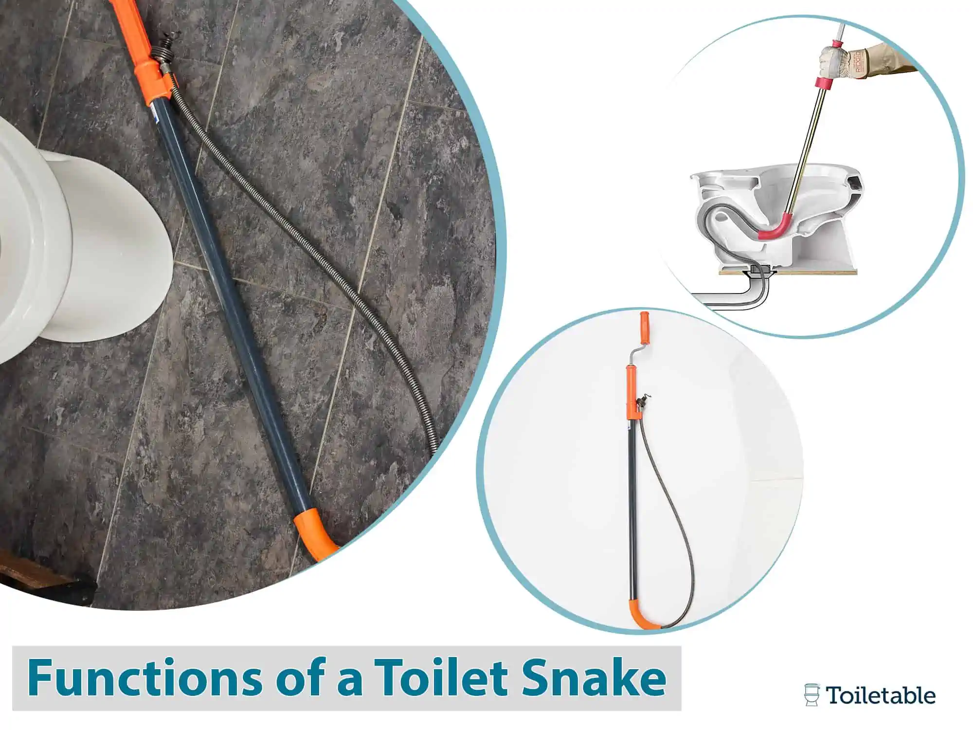 A toilet snake is shown in different functions: unclogging a toilet, a close-up of its handle, and its coiled cable.
