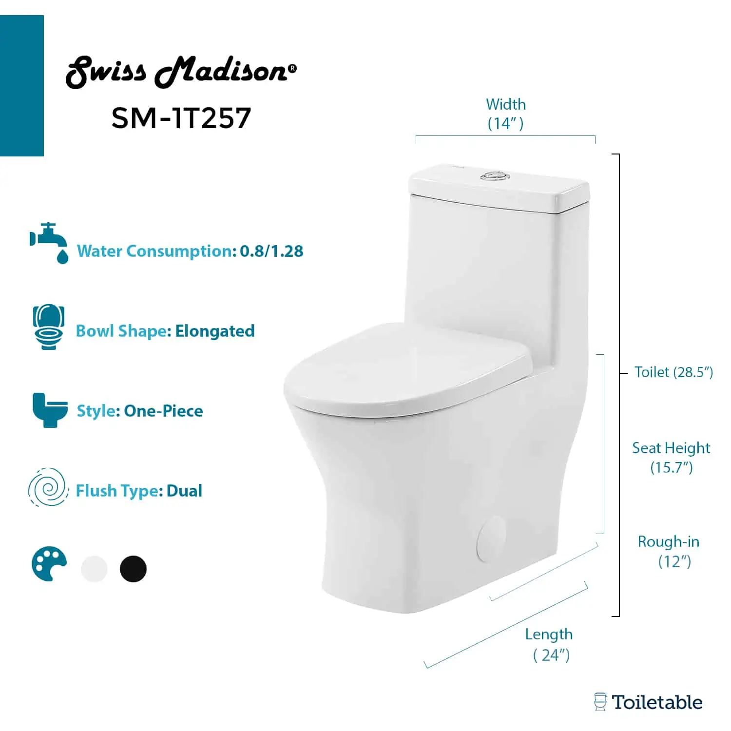 measurements and key facts shown for the swiss madison sm-1T257 toilet