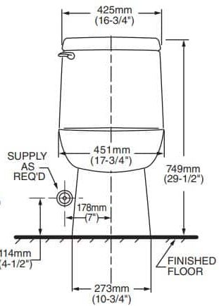 Technical diagram of a toilet with measurements in millimeters and inches.