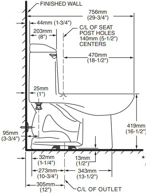 dimensions of the side view, Champion 4 toilet