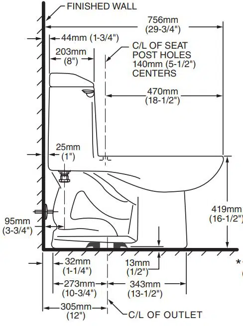 Technical diagram of a toilet with detailed measurements and dimensions labeled in inches and millimeters.