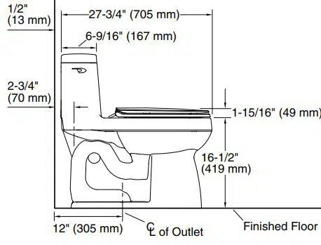 Diagram of toilet dimensions, including width, height, and depth measurements in inches and millimeters.