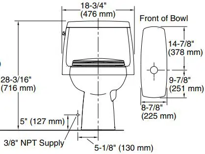 Technical drawing of a toilet with dimensions and labels in inches and millimeters.