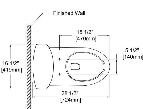 Technical diagram of a toilet showing dimensions: 28 1/2" length, 16 1/2" width, 18 1/2" from wall, 5 1/2" seat height.