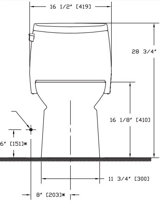 Technical drawing of a toilet with dimensions marked in inches and millimeters.