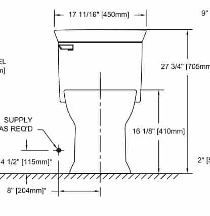 Technical drawing of a toilet with dimensions and measurements in inches and millimeters.