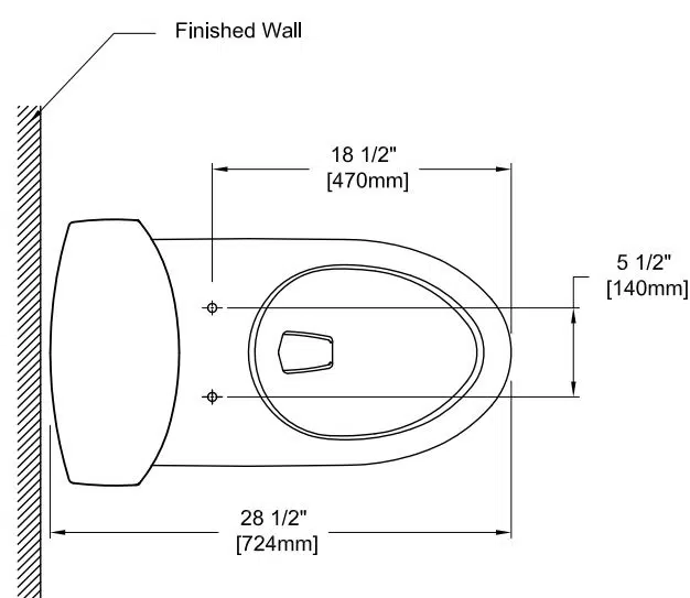 Top-view technical drawing of a toilet with measurements: 18 1/2" (470mm) in width, 28 1/2" (724mm) in length, 5 1/2" (140mm) on the side.