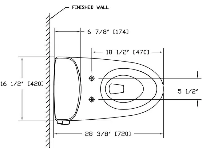 Technical drawing of a toilet with measurements, showing distances from the wall and dimensions in inches and millimeters.
