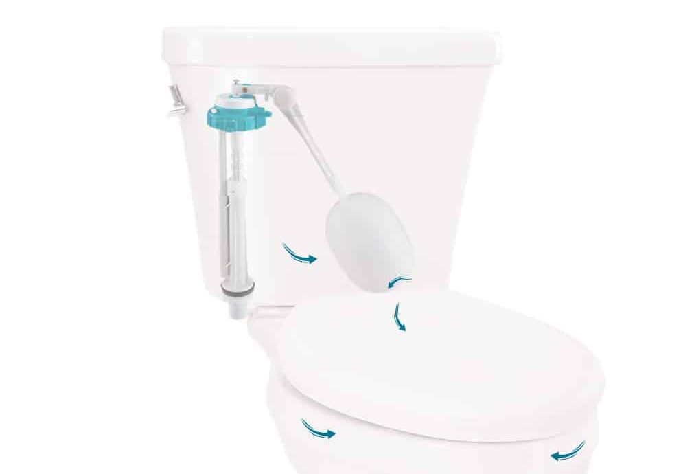 Diagram of a toilet tank with labeled components showing water flow direction.