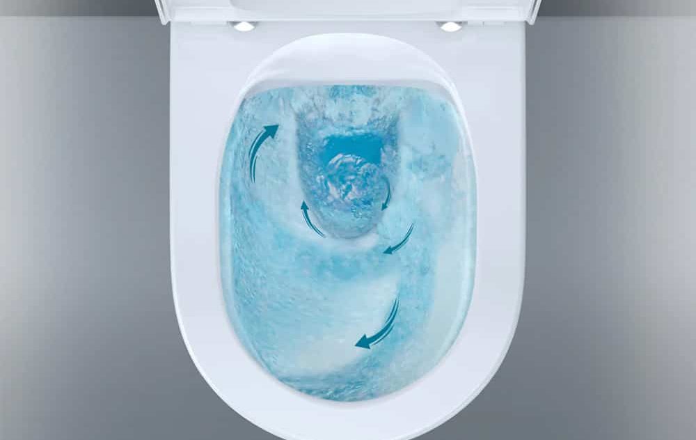 Top view of a flushing toilet with blue water and swirling arrows indicating water movement.