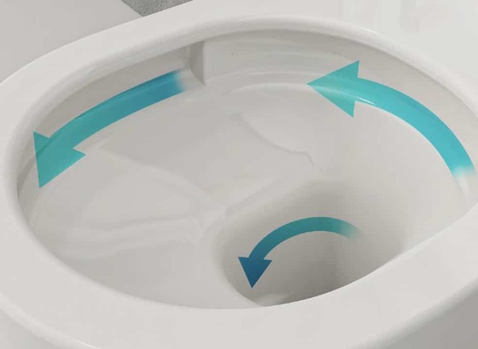 Close-up of a toilet bowl with blue arrows pointing in a circular direction, illustrating water flow.