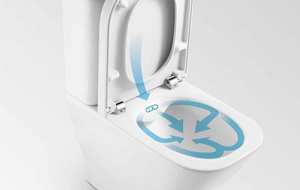 Toilet with open lid showing a blue arrow diagram indicating water flow direction inside the bowl.