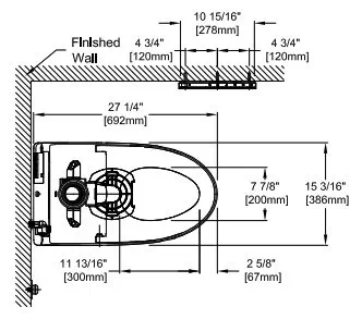 Technical diagram of a toilet with detailed measurements and wall alignment.