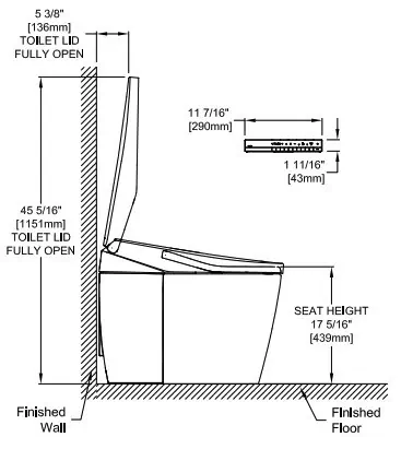 Diagram of a toilet with dimensions for distance from wall, seat height, and lid open position.