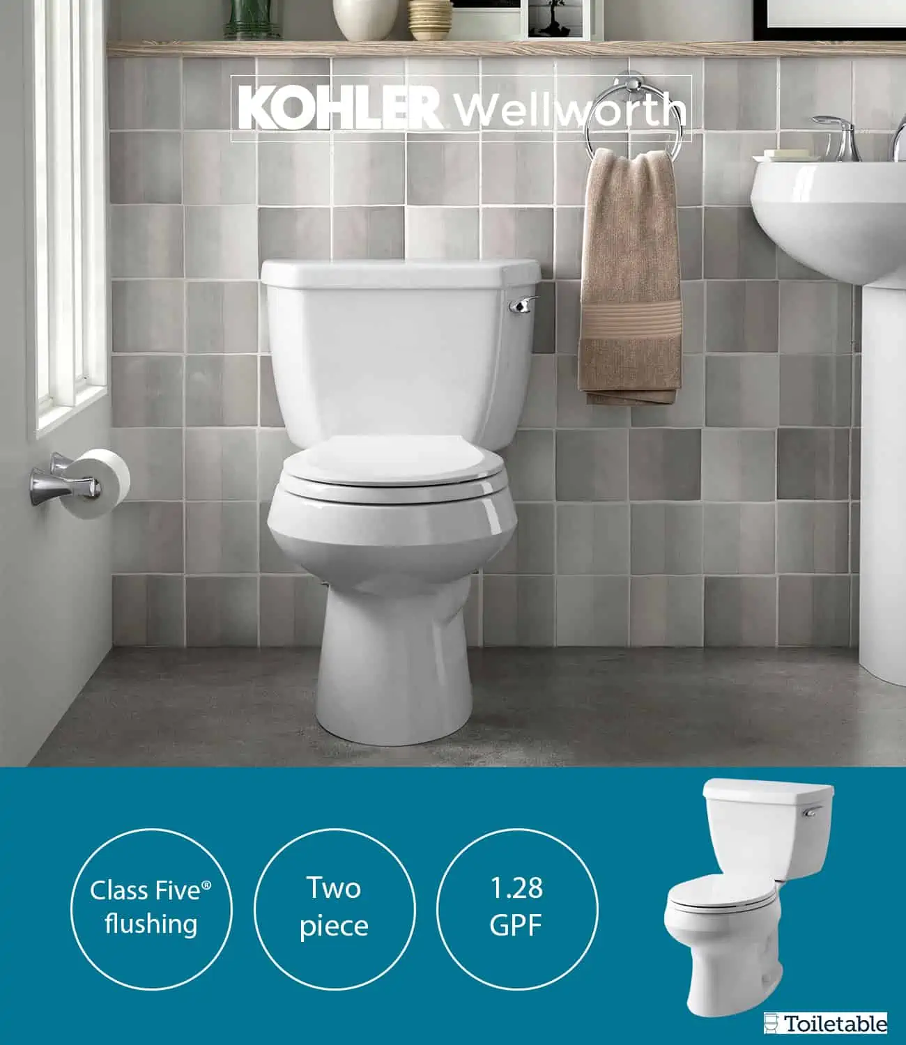 Bathroom with a white Kohler Wellworth toilet in front of a tiled wall, alongside a sink and towel rack.