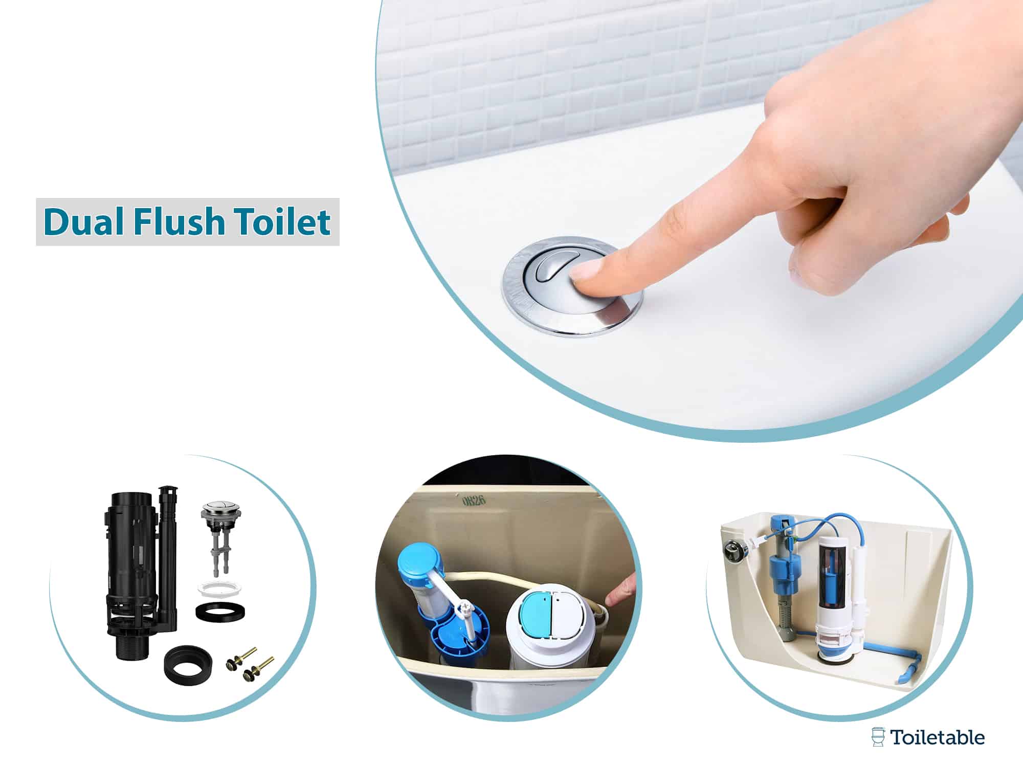 Hand pressing flush button, dual flush toilet parts, and cistern interior details with "Dual Flush Toilet" text.