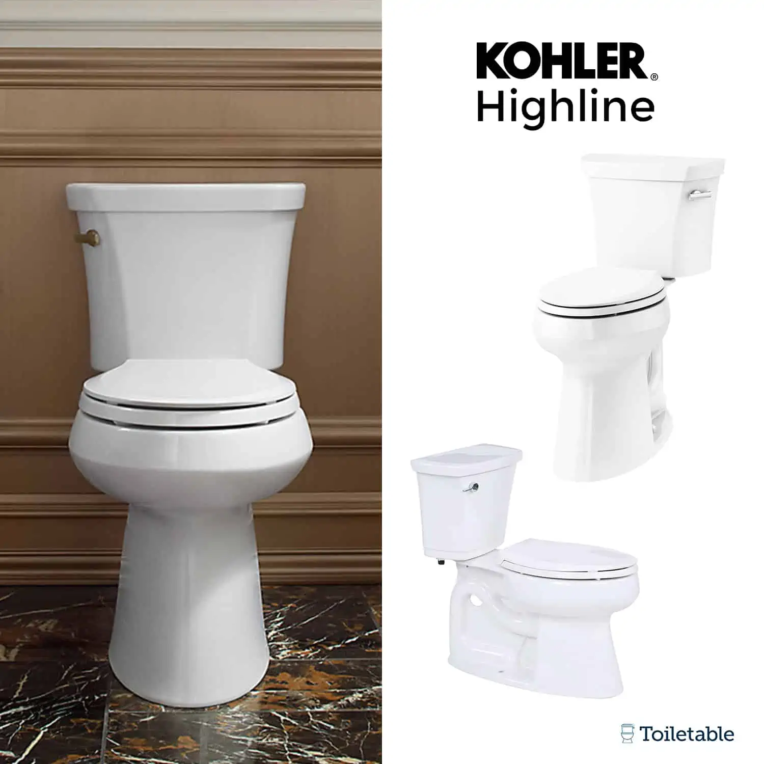 Three images of a white Kohler Highline toilet with different angles, set against a split background.