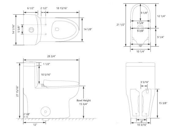 Technical drawing of a toilet with detailed measurements including height, width, and depth in multiple views.