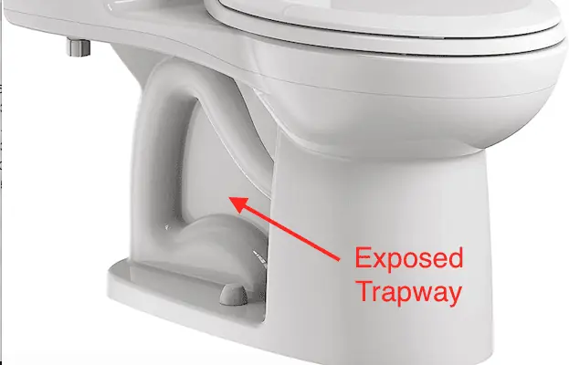 image showing exposed trapway design on white toilet with red arrow pointing